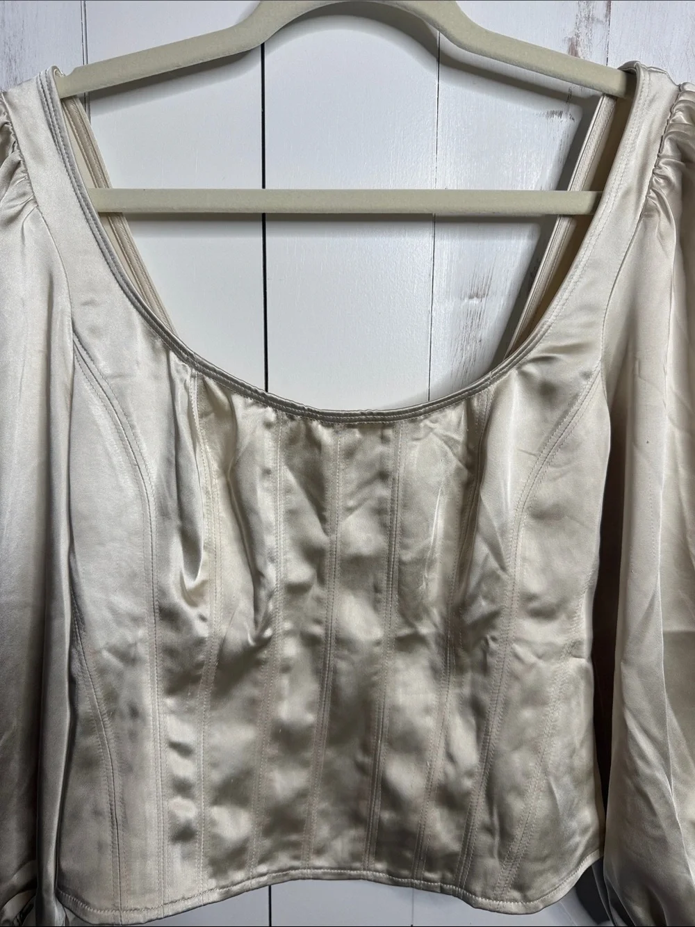Free People Cream Deep Scoop-Neck Corset Style Puff Sleeve Top